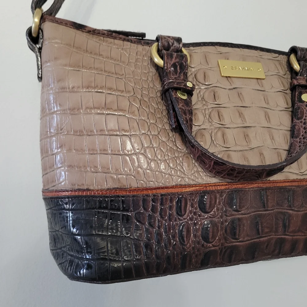 Brahmin Mini Asher Satchel Bag Croc Embossed Rich Dark Brown Grey Tan Luxury